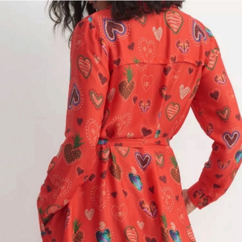 Farm Rio Conversational Hearts Midi‎ Shirtdress Belted Long Sleeve - Picture 5 of 10